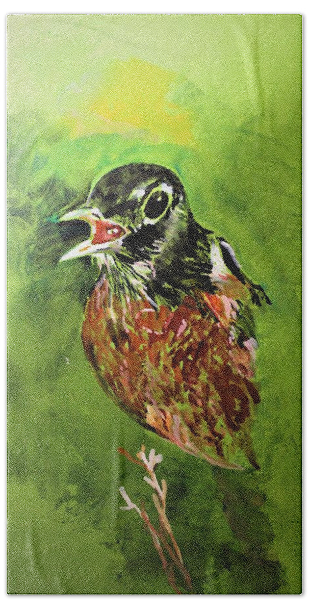 Bird Beach Towel featuring the painting American Robin by Khalid Saeed
