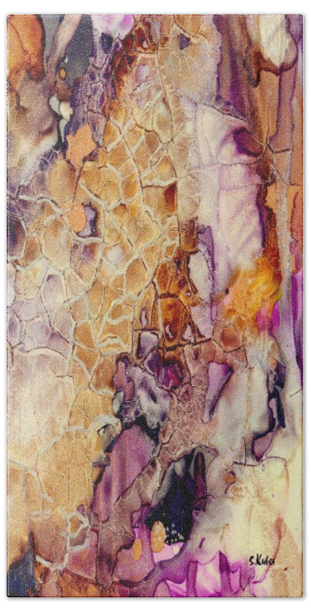 Abstract Beach Towel featuring the painting Amethyst and Copper 1 by Susan Kubes