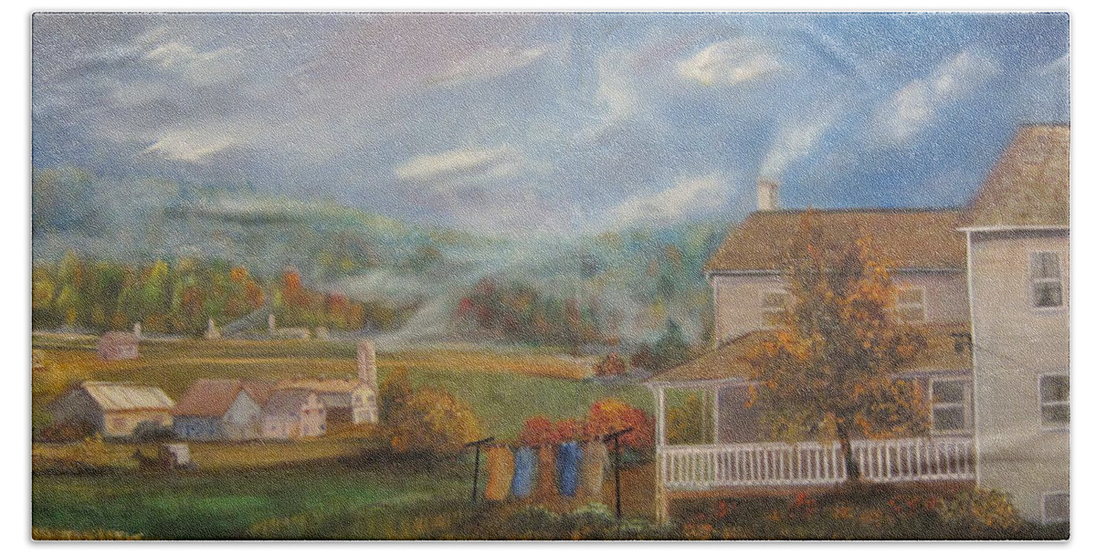 Landscape Beach Towel featuring the painting Amish Farm by Sherry Strong