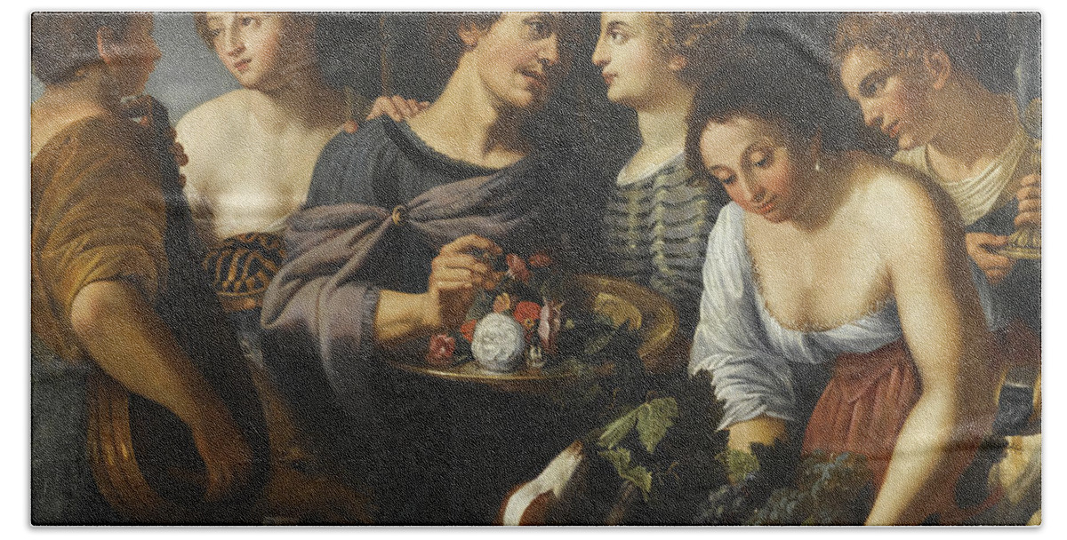 Follower Of Nicolas Regnier Beach Towel featuring the painting An Allegory of the Five Senses by Follower of Nicolas Regnier