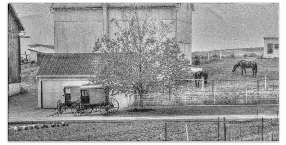 Country Beach Towel featuring the photograph An Amish Farm in b/w by Dyle Warren