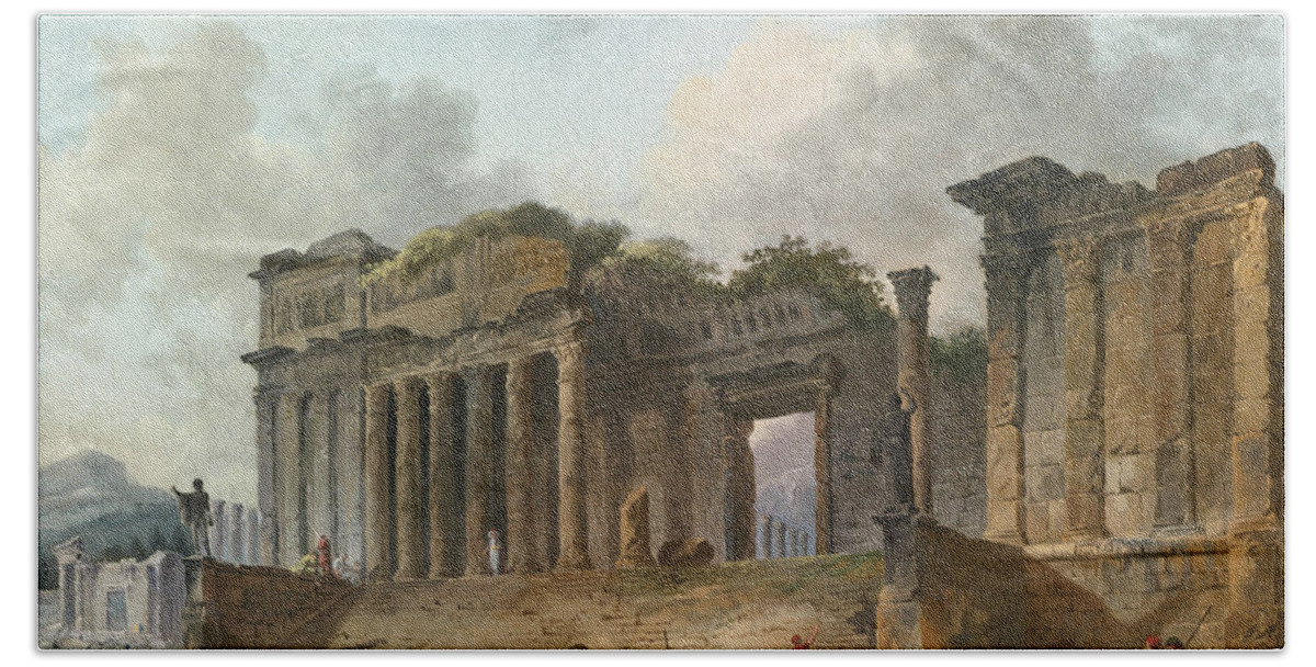 Hubert Robert Beach Towel featuring the painting An Architectural Capriccio with an Artist Sketching in the Foreground by Hubert Robert