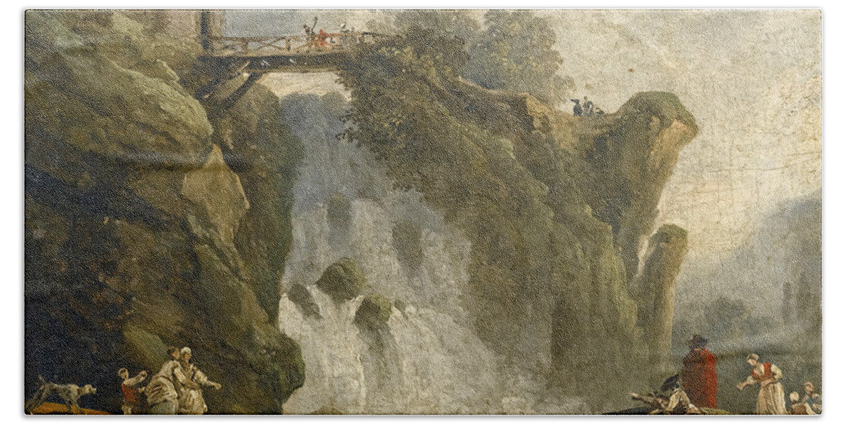 Hubert Robert Beach Towel featuring the painting An Artist sketching with other Figures beneath a Waterfall by Hubert Robert