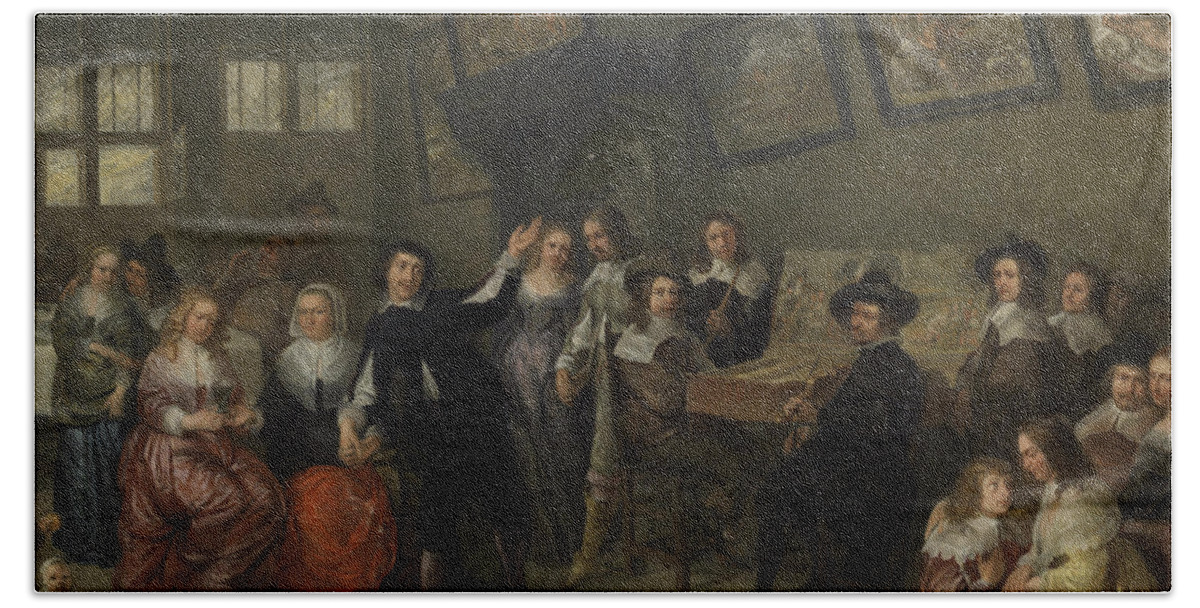 Attributed To Gillis Van Tilborch (brussels Circa 1635-circa 1678) An Elegant Musical Party In An Interior Beach Towel featuring the painting An elegant by MotionAge Designs