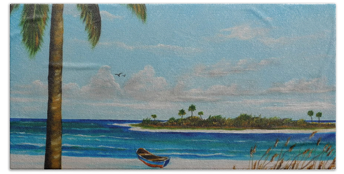 Island Beach Towel featuring the painting An Island In Paradise by Lloyd Dobson