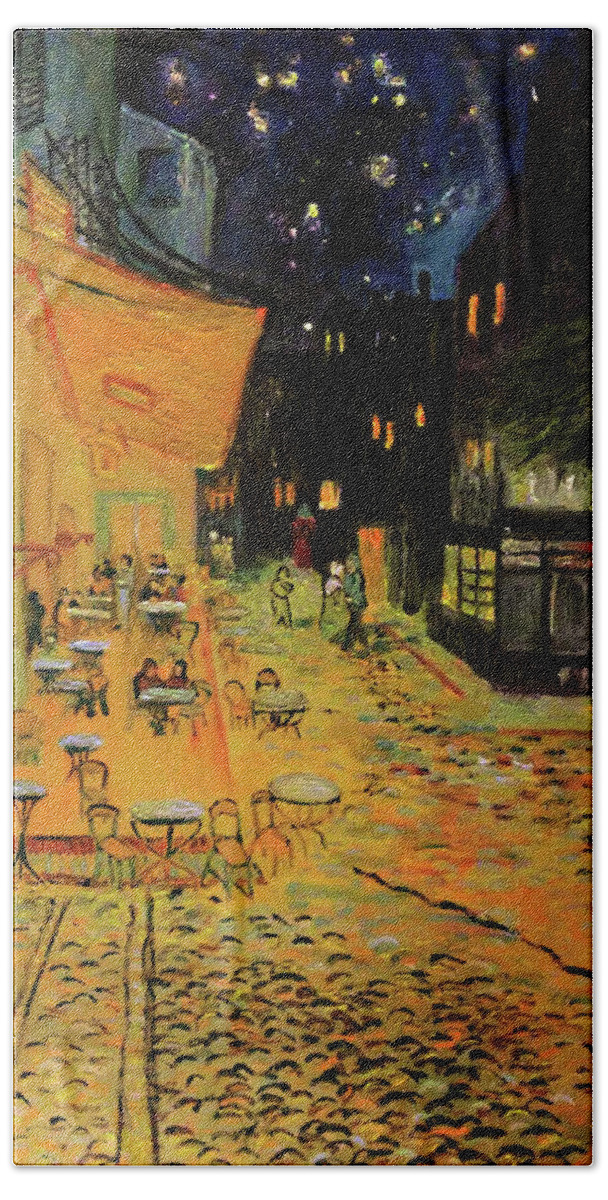 Van Gogh Beach Towel featuring the painting Anitra's Version of Van Gogh's Cafe Terrace at Night by Anitra Handley-Boyt