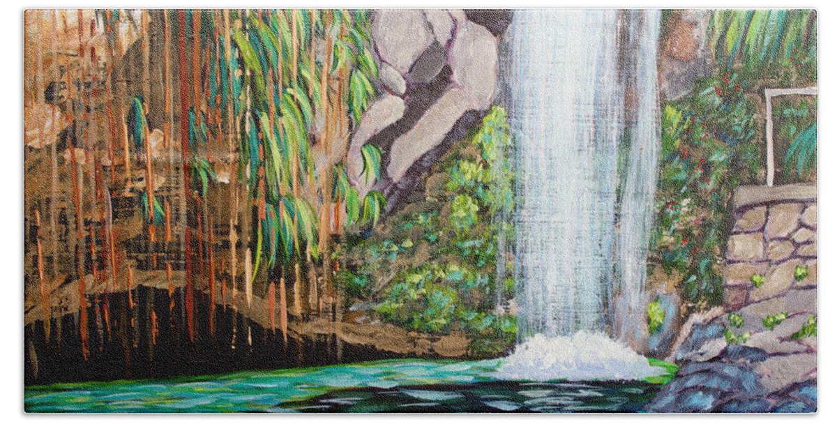 Annandale Waterfall Beach Towel featuring the painting Annandale Waterfall by Laura Forde