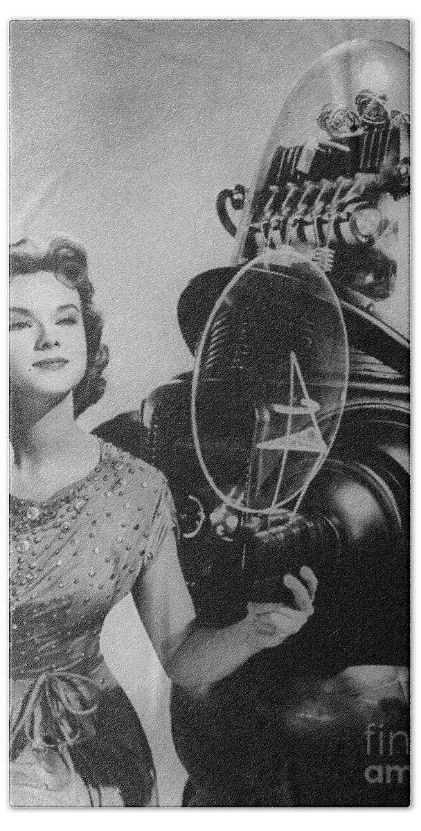 Anne Francis Beach Towel featuring the photograph Anne Francis movie photo Forbidden Planet with Robby the Robot by Vintage Collectables