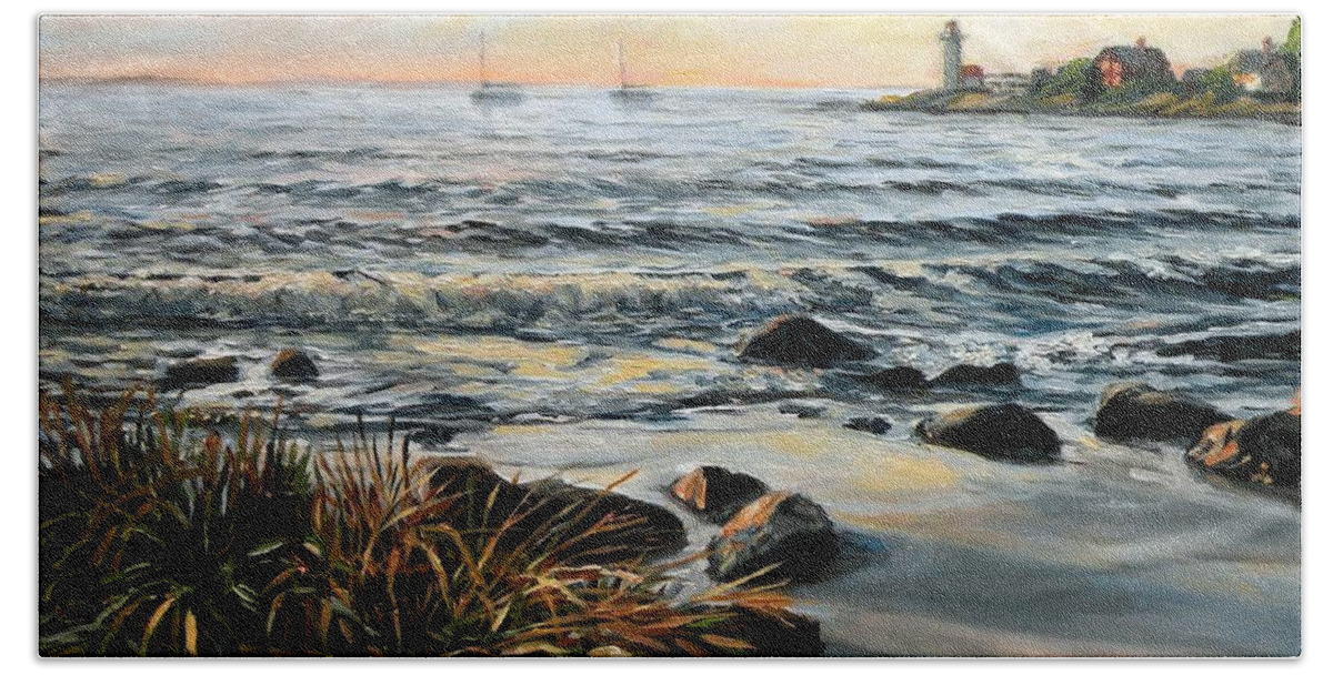 Annisquam Beach Towel featuring the painting Annisquam Beach and Lighthouse by Eileen Patten Oliver