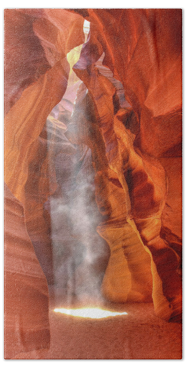 Antelope Canyon Beach Towel featuring the photograph Antelope Canyon wide light shaft by Greg Smith