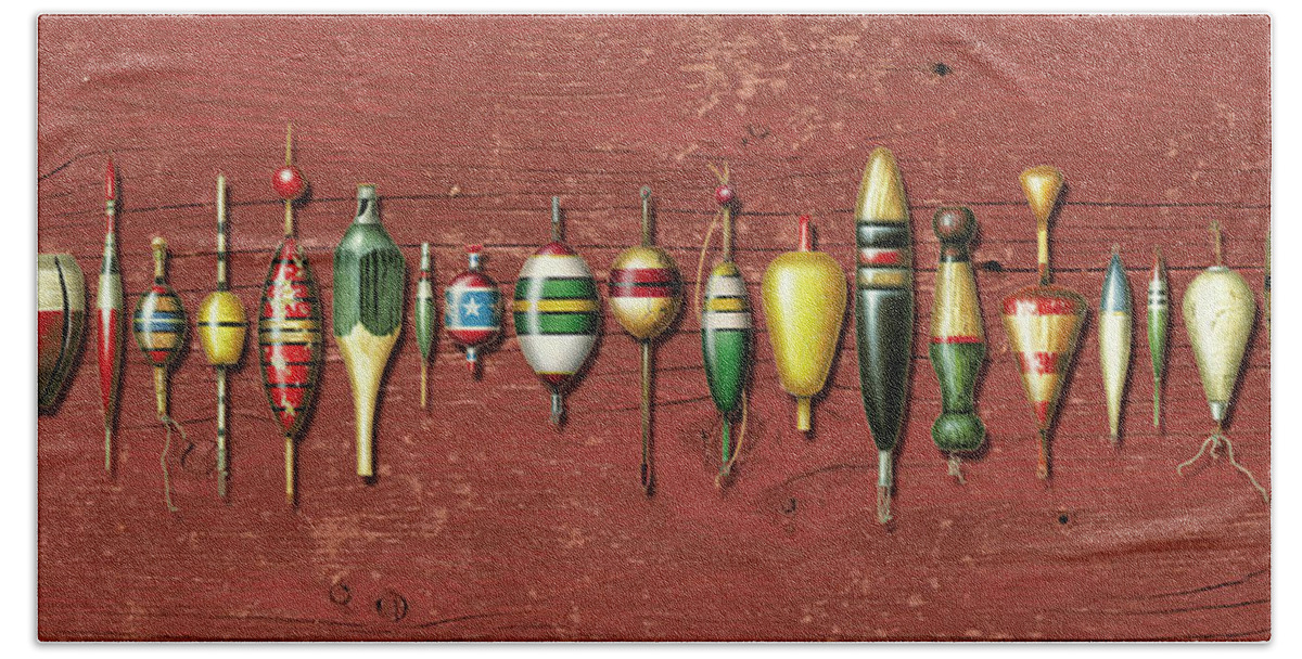 Jon Q Wright Beach Sheet featuring the painting Antique Bobbers Red by JQ Licensing