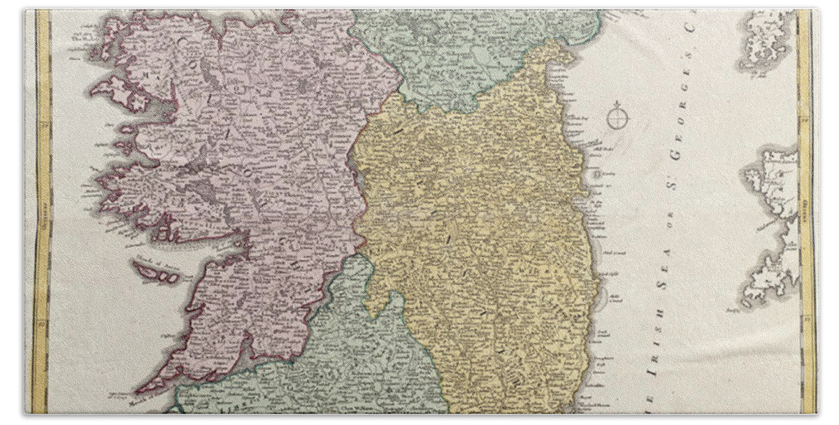 Eire Beach Towel featuring the drawing Antique Map of Ireland showing the Provinces by Johann Baptist Homann