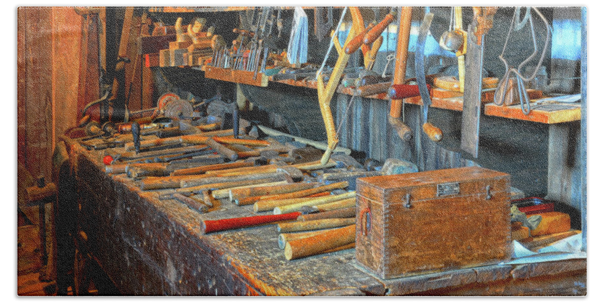 Antique Tools Beach Towel featuring the photograph Antique Tool Bench by Dave Mills