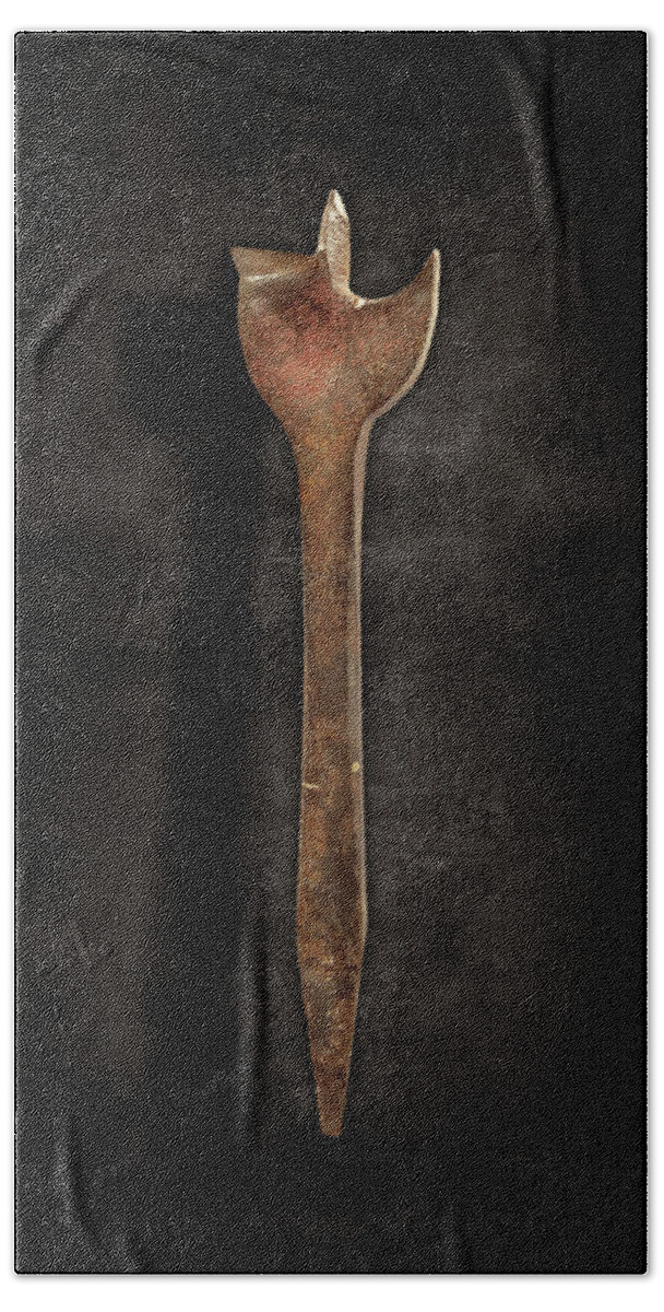 Art Beach Towel featuring the photograph Antique Wood Boring Bit on Black by YoPedro