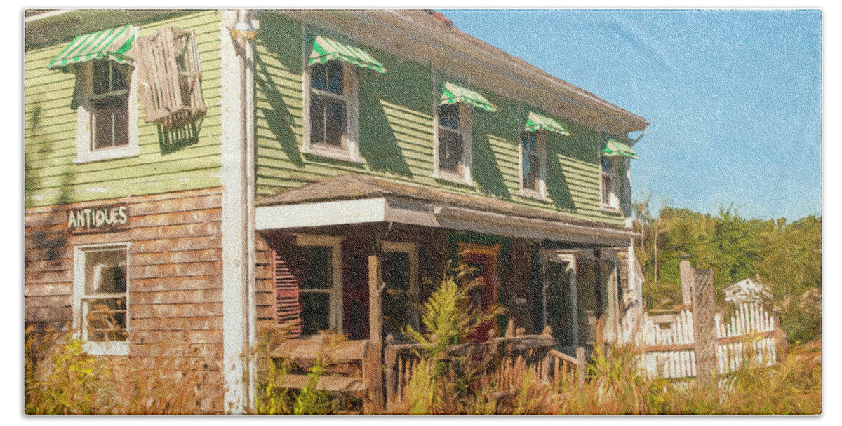 Digital Art; Searsport; Maine; Building; New England Beach Towel featuring the photograph Antiques by Mick Burkey