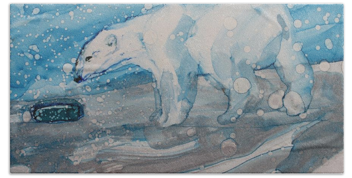 Polar Bear Beach Towel featuring the painting Anybody Home? by Ruth Kamenev