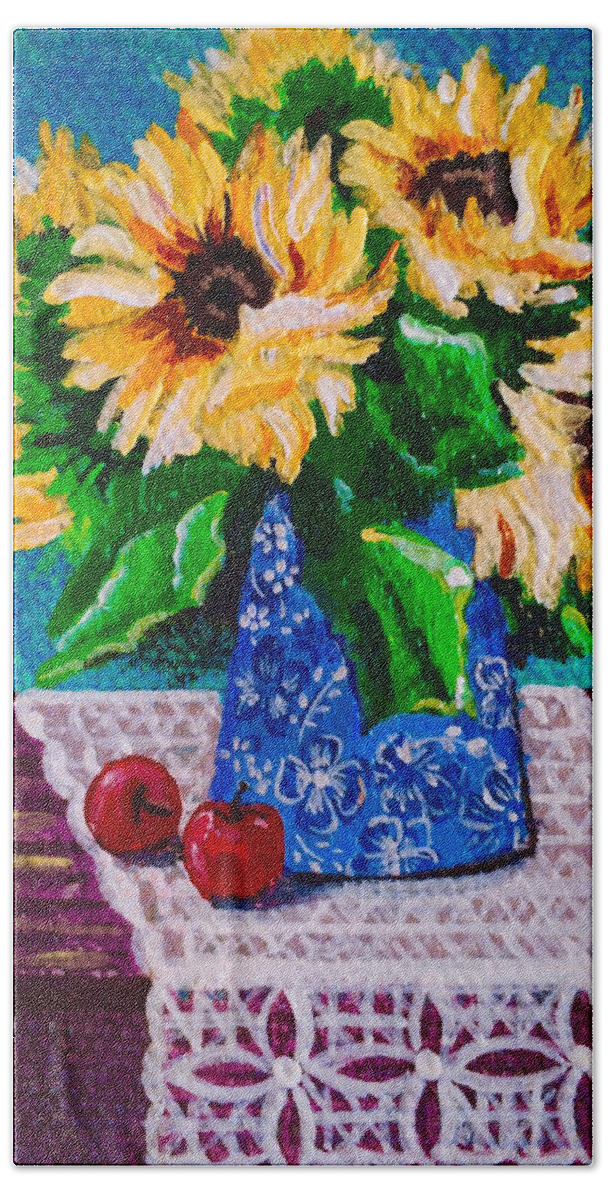 Apples Beach Sheet featuring the painting Apples Sunflowers by Jennifer Lake