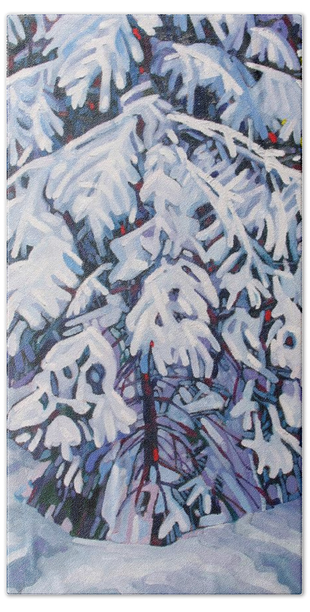 Spruce Beach Towel featuring the painting April Snow by Phil Chadwick