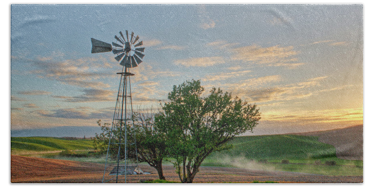Outdoors Beach Towel featuring the photograph Spring Sunset and Windmill by Doug Davidson