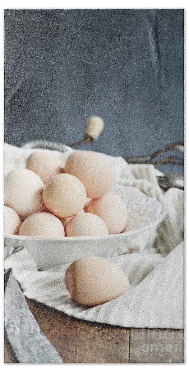 Eggs Beach Sheet featuring the photograph Apron and Eggs On Wooden Table by Stephanie Frey