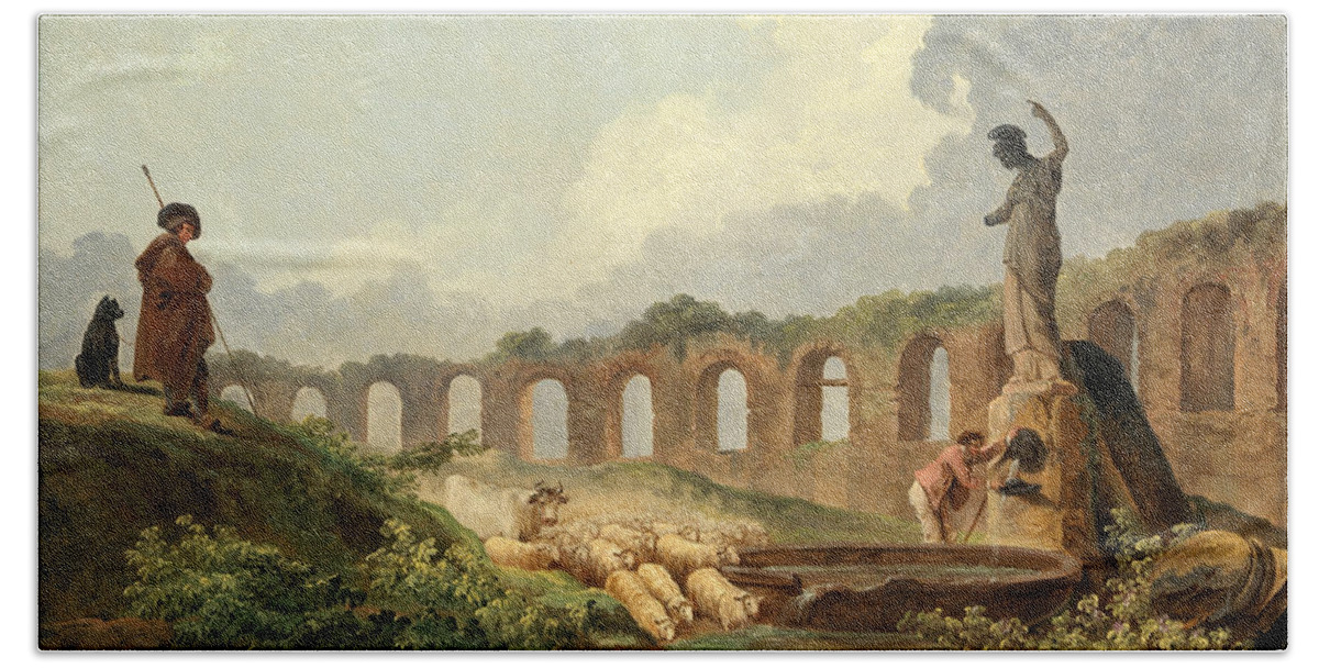 Hubert Robert Beach Towel featuring the painting Aqueduct in Ruins by Hubert Robert