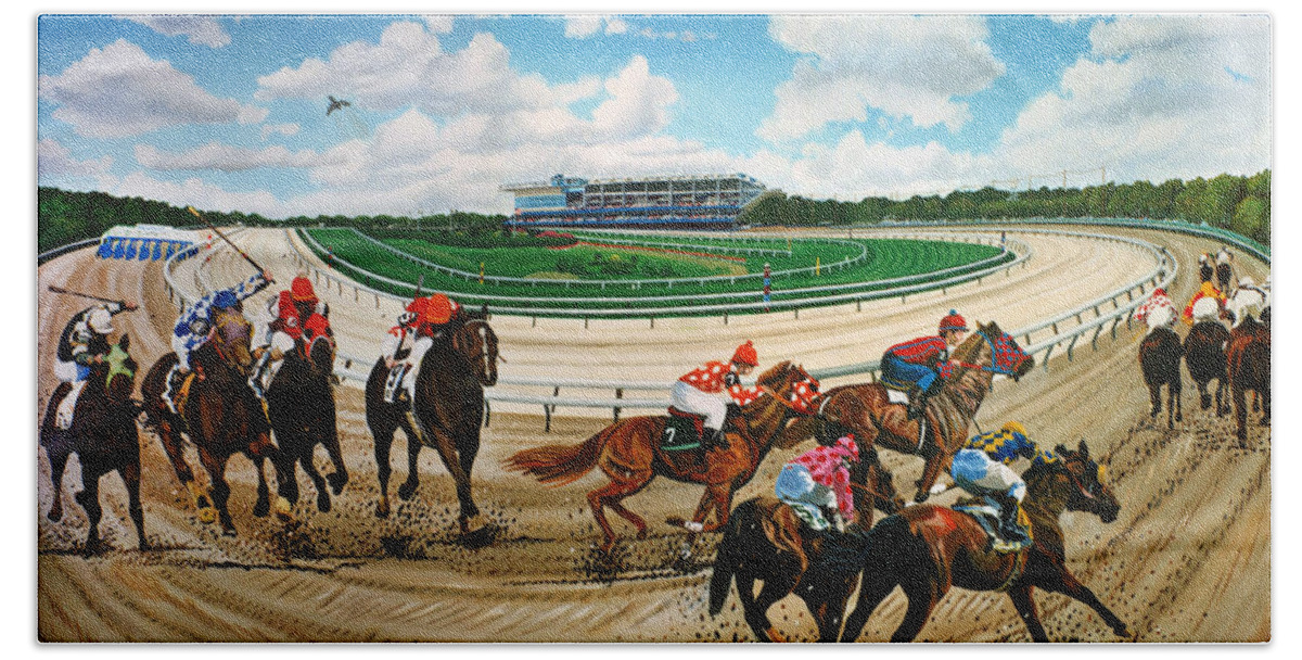 Aqueduct Racetrack Beach Sheet featuring the painting Aqueduct Racetrack by Bonnie Siracusa