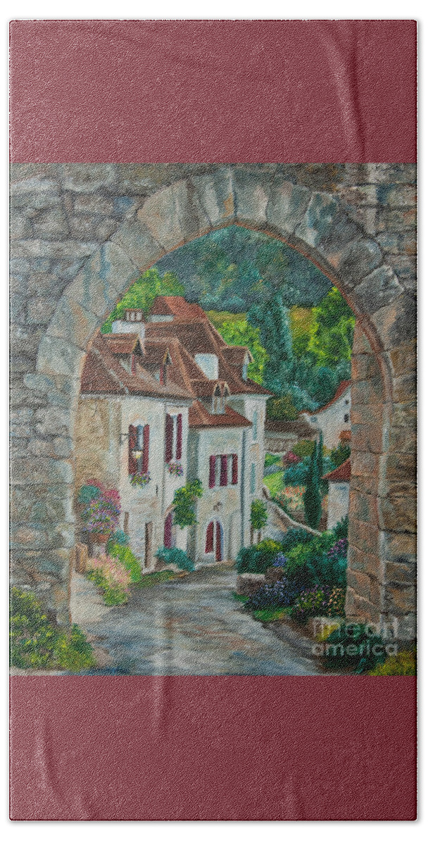 St. Cirq In Lapopie France Beach Towel featuring the painting Arch Of Saint-Cirq-Lapopie by Charlotte Blanchard