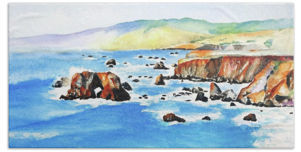 Ocean Beach Towel featuring the painting Arched Rock Sonoma Coast California by Carlin Blahnik CarlinArtWatercolor
