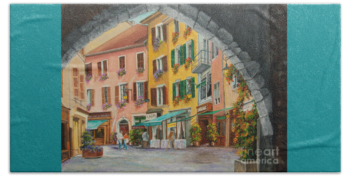 Annecy France Art Beach Towel featuring the painting Archway To Annecy's Side Streets by Charlotte Blanchard