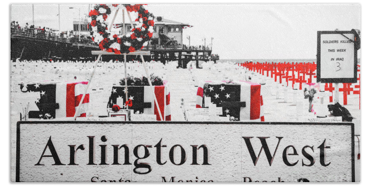 American Flag Beach Sheet featuring the photograph Arlington West Santa Monica Beach by Julian Starks