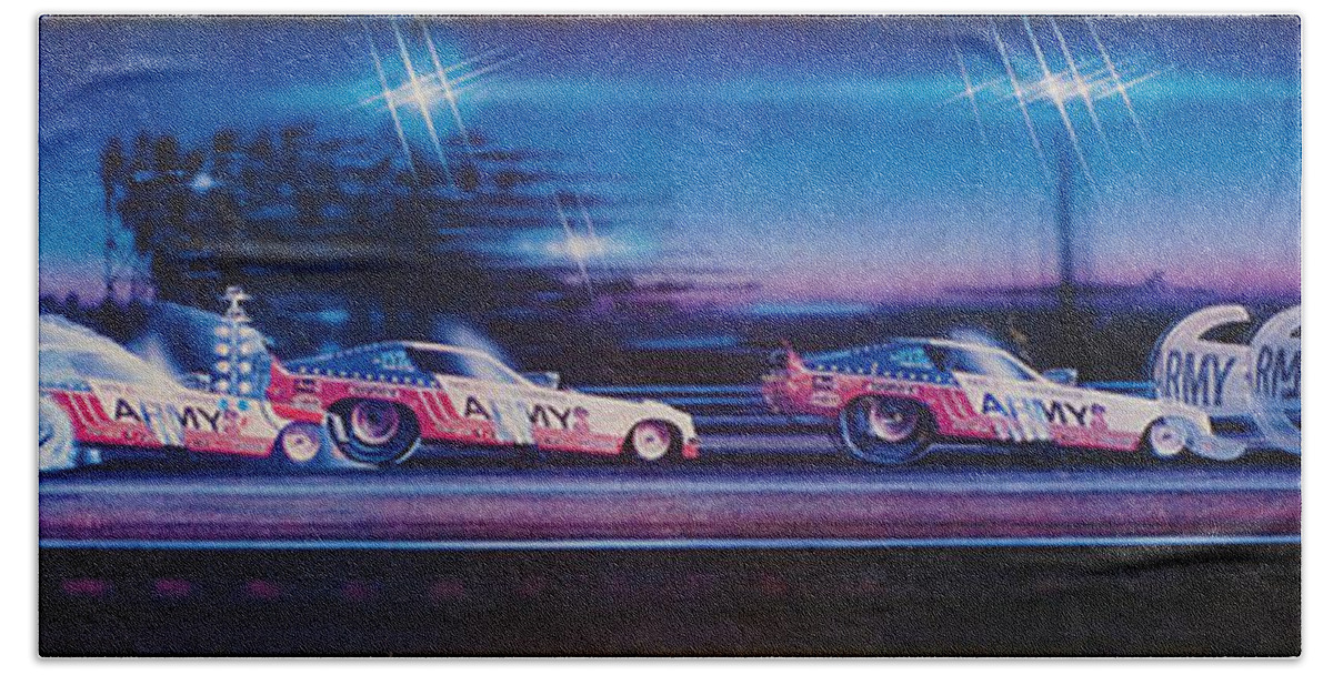 Funny Car Don Prudhomme Army Funny Car Fuel Coupe Nitro Lions Drag Strip Vega  Beach Towel featuring the painting Army Car Sequence by Kenny Youngblood