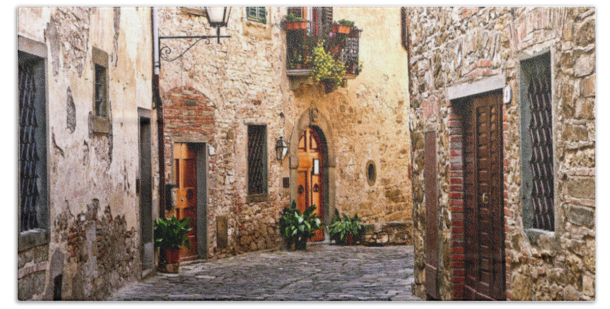 Street View Beach Towel featuring the photograph Around the Corner Montefioralle Tuscany Italy by Lily Malor