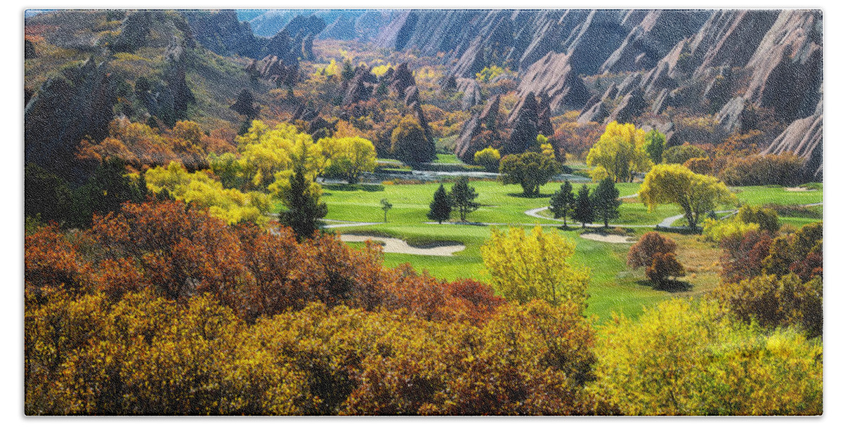  Arrowhead Golf Club Beach Sheet featuring the photograph A Slice of Heaven - The Arrowhead Golf Club in Roxborough Park Colorado by Lena Owens - OLena Art Vibrant Palette Knife and Graphic Design