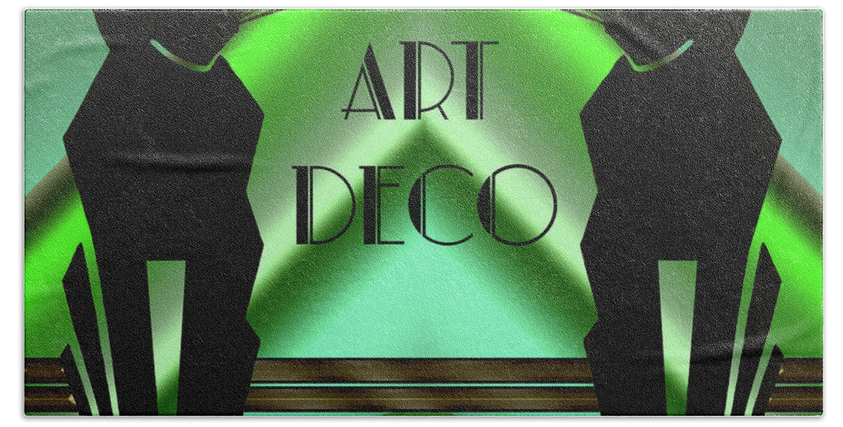 Art Deco Beach Towel featuring the digital art Art Deco Cats - Emerald by Chuck Staley