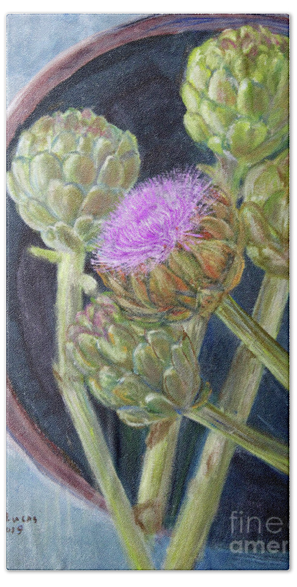 Still Life Beach Sheet featuring the painting Artichoke In Bloom by Lyric Lucas