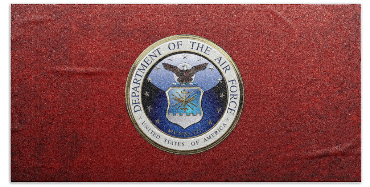'military Insignia 3d' By Serge Averbukh Beach Towel featuring the digital art U. S. Air Force - U S A F Emblem over Red Velvet by Serge Averbukh