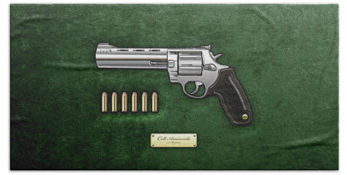 'the Armory' Collection By Serge Averbukh Beach Towel featuring the digital art .44 Magnum Colt Anaconda with Ammo on Green Velvet #44 by Serge Averbukh
