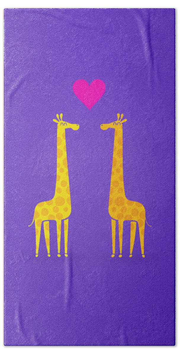Giraffe Beach Towel featuring the painting Cute cartoon giraffe couple in Love Purple Edition by Philipp Rietz