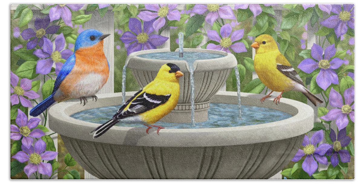 Eastern Bluebird Beach Sheet featuring the painting Fountain Festivities - Birds and Birdbath Painting by Crista Forest