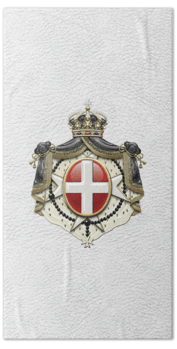 'ancient Brotherhoods' Collection By Serge Averbukh Beach Towel featuring the digital art Sovereign Military Order of Malta Coat of Arms over White Leather by Serge Averbukh