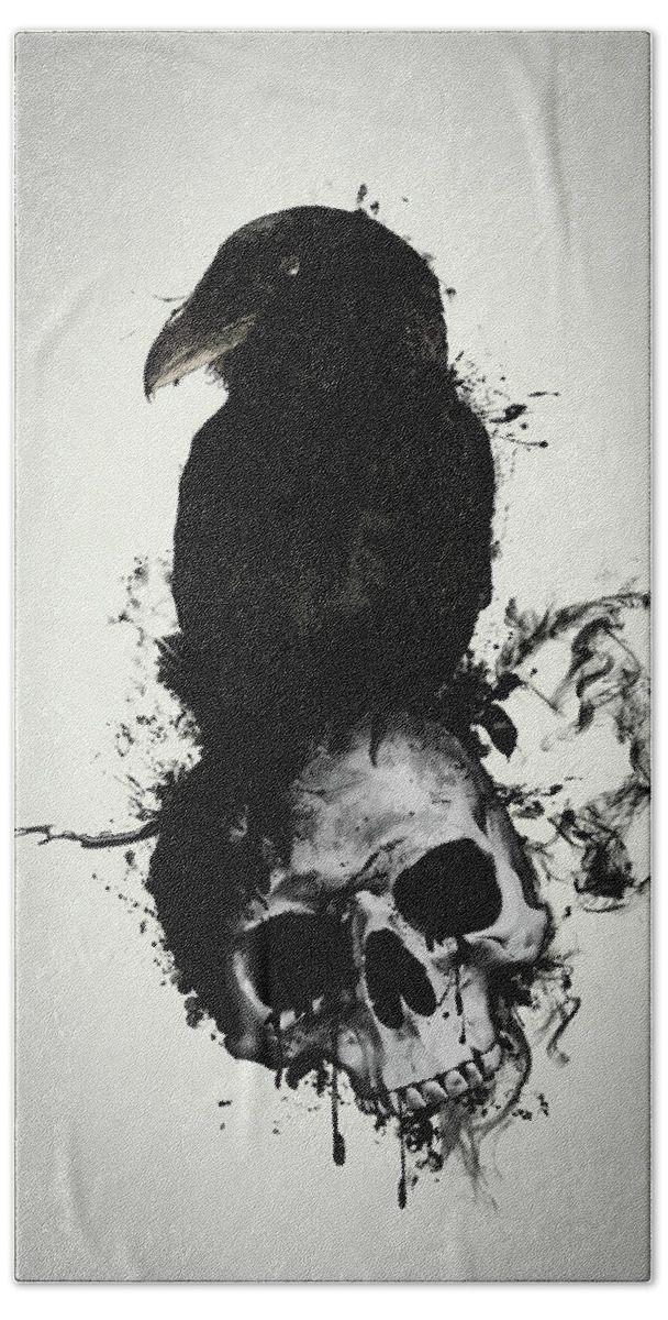 Raven Beach Sheet featuring the mixed media Raven and Skull by Nicklas Gustafsson