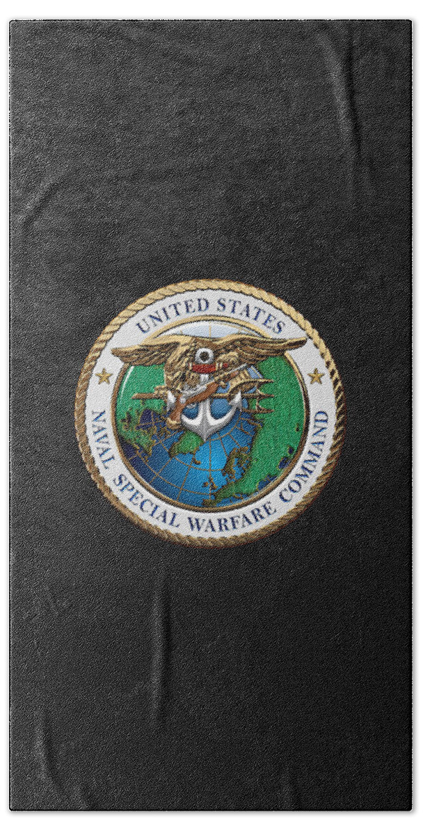 'military Insignia & Heraldry - Nswc' Collection By Serge Averbukh Beach Towel featuring the digital art Naval Special Warfare Command - N S W C - Emblem over Black Velvet by Serge Averbukh