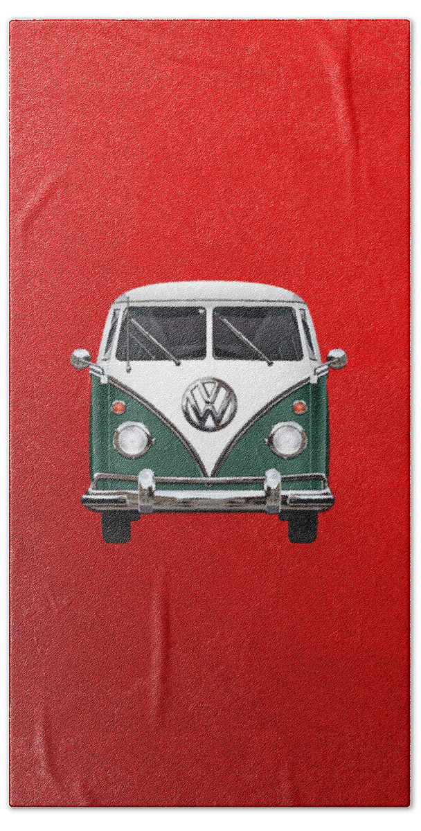 'volkswagen Type 2' Collection By Serge Averbukh Beach Towel featuring the digital art Volkswagen Type 2 - Green and White Volkswagen T 1 Samba Bus over Red Canvas by Serge Averbukh