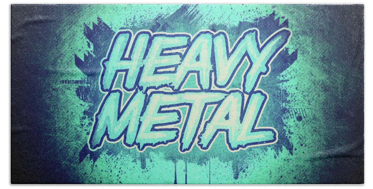 Hardcore Splatter Nice Typography. Heavy Metal Head Bang Cloth ! A Must Have For All Black Beach Towel featuring the digital art HEAVY METAL Green Splatter Typo Design by Philipp Rietz