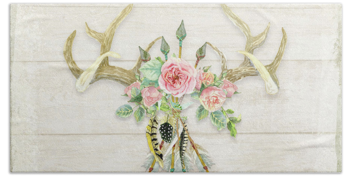 Watercolor Beach Towel featuring the painting BOHO Love - Deer Antlers Floral Inspirational by Audrey Jeanne Roberts