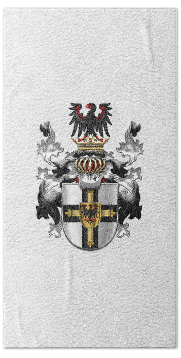 'ancient Brotherhoods' Collection By Serge Averbukh Beach Towel featuring the digital art Teutonic Order - Coat of Arms over White Leather by Serge Averbukh