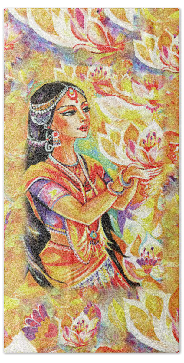 Indian Goddess Beach Towel featuring the painting Pray of the Lotus River by Eva Campbell