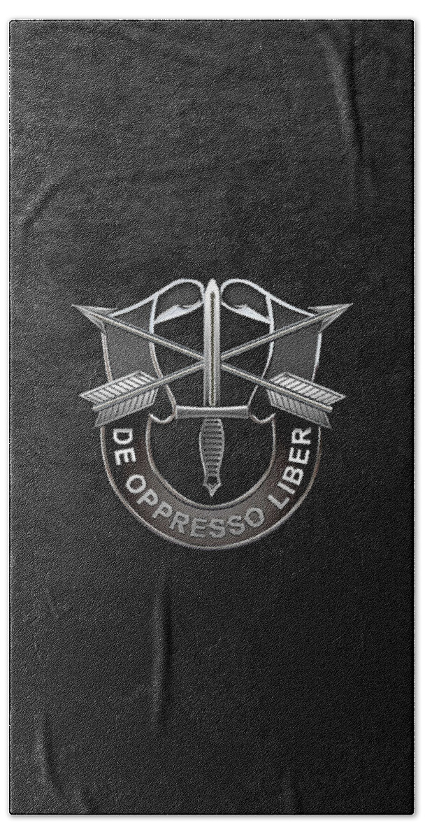 'military Insignia & Heraldry' Collection By Serge Averbukh Beach Towel featuring the digital art U. S. Army Special Forces - Green Berets D U I over Black Velvet by Serge Averbukh