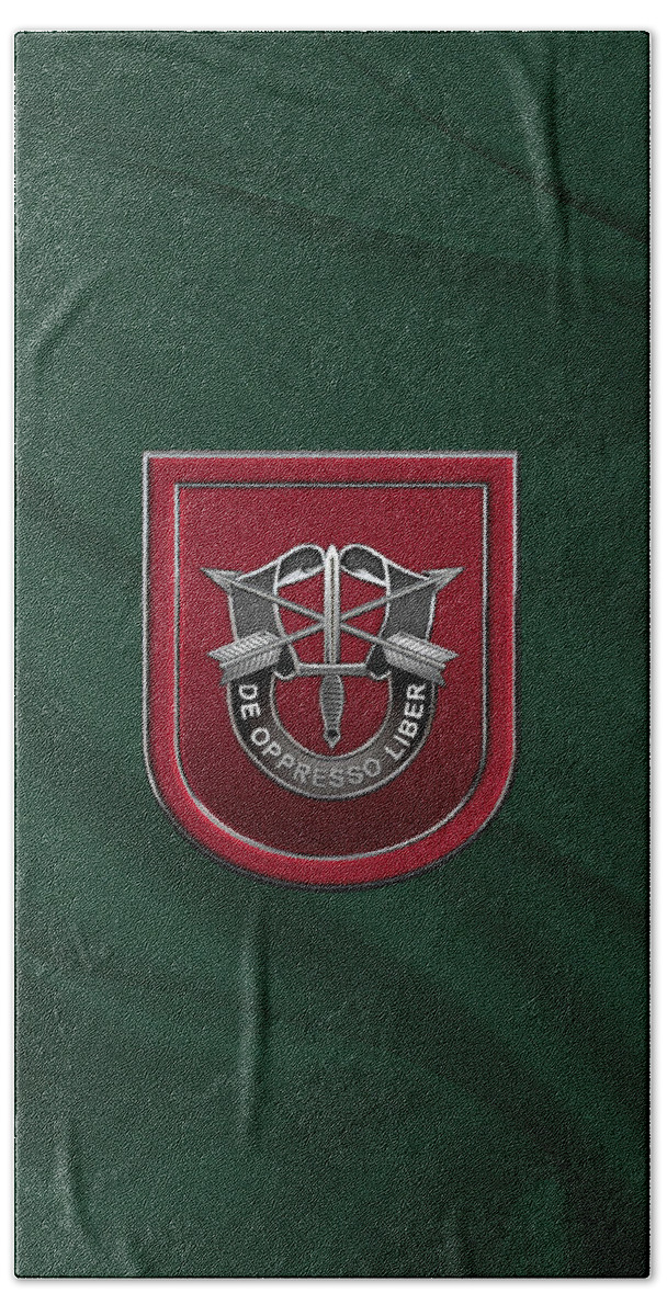 'u.s. Army Special Forces' Collection By Serge Averbukh Beach Towel featuring the digital art U. S. Army 7th Special Forces Group - 7 S F G Beret Flash over Green Beret Felt by Serge Averbukh