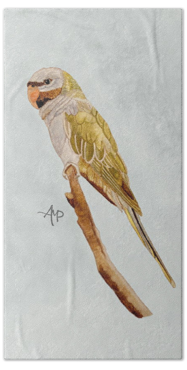 Lord Derby's Parakeet Beach Sheet featuring the painting Derbyan Parakeet by Angeles M Pomata